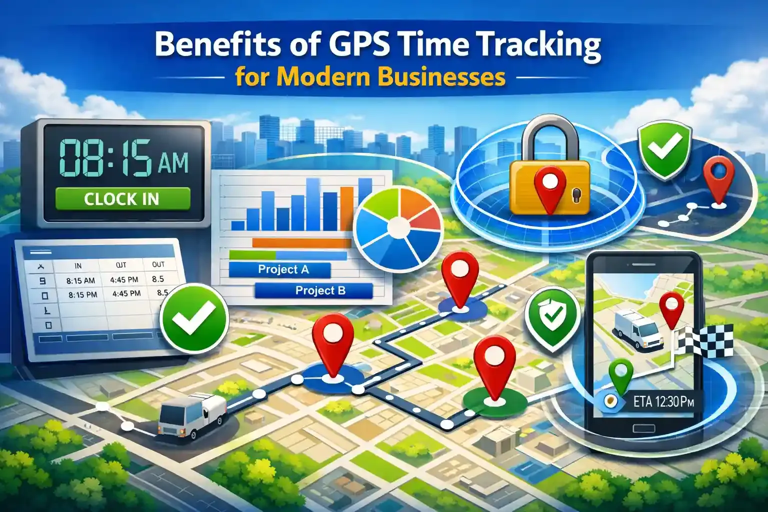 Digital map showing GPS tracking, timesheets, and optimized business routes